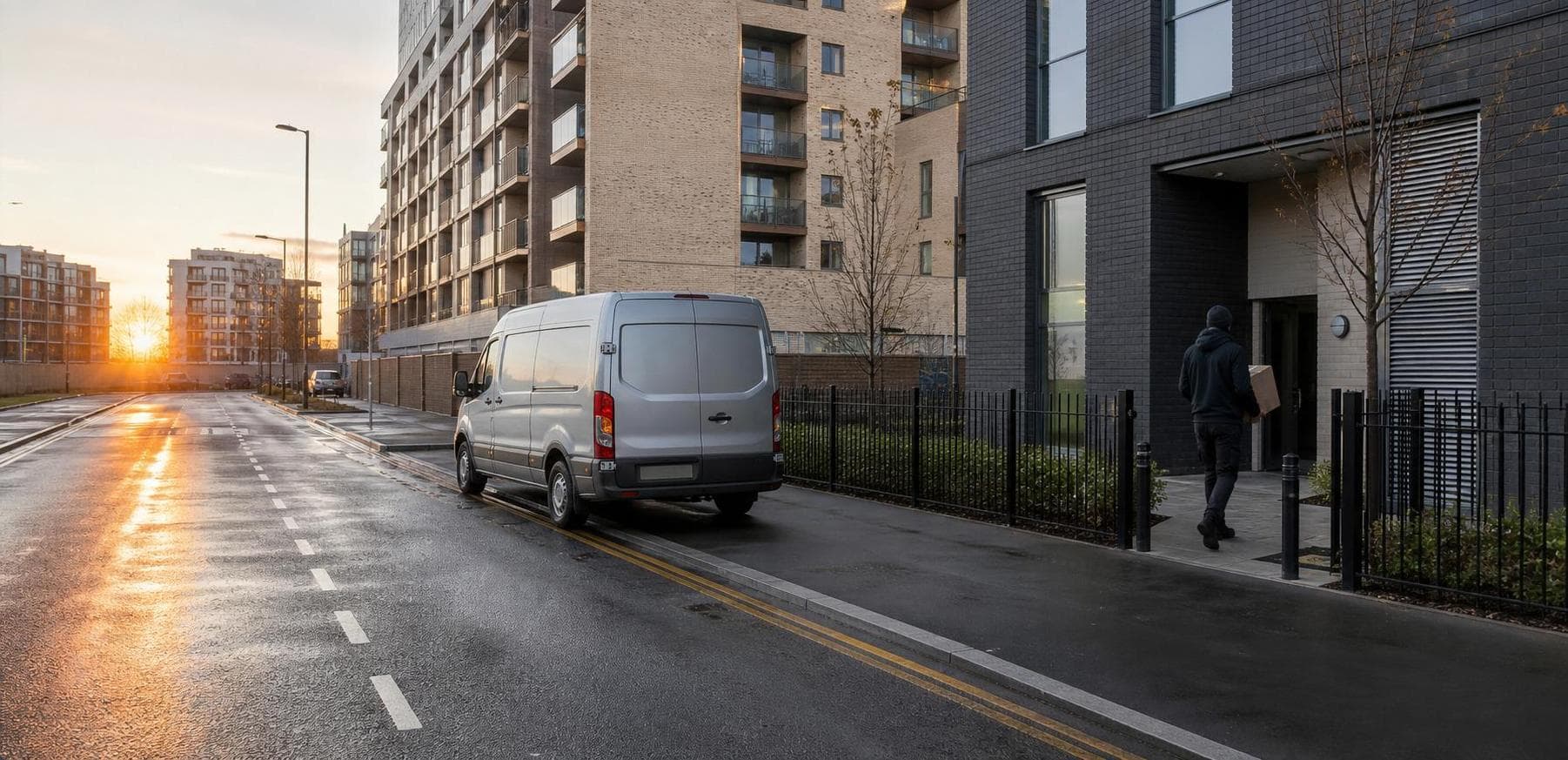 Unbranded courier van parked on a quiet Barking delivery lane as a courier walks toward a side entrance