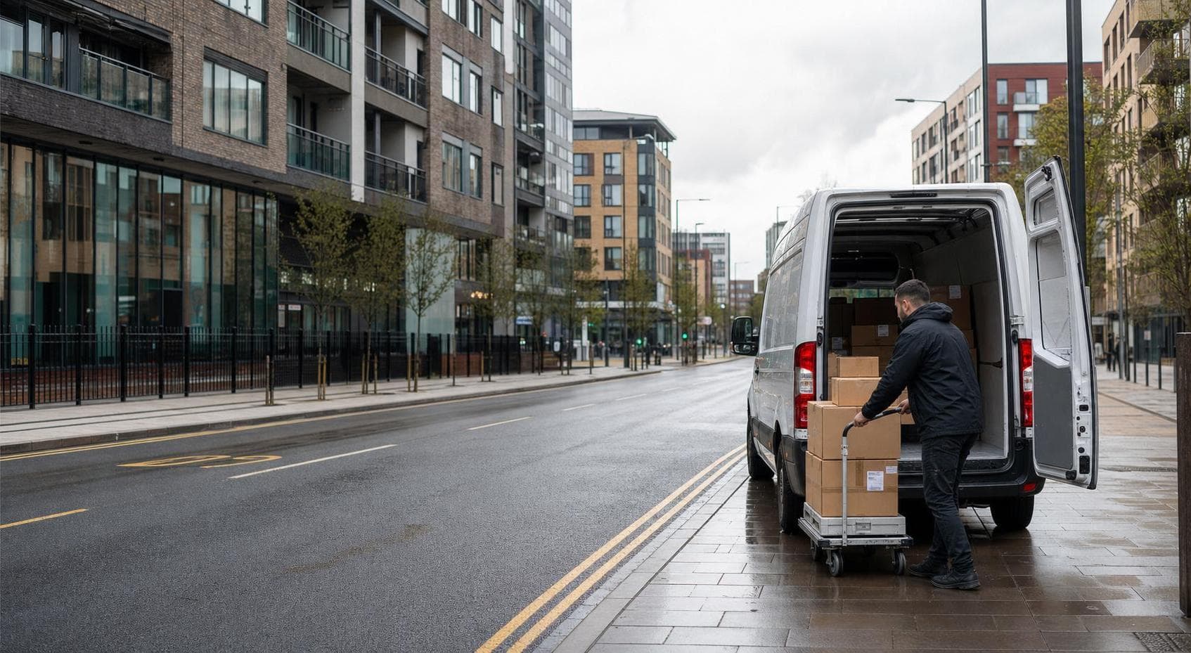 Courier unloading a parcel trolley from an unbranded van on a modern urban street in Barking