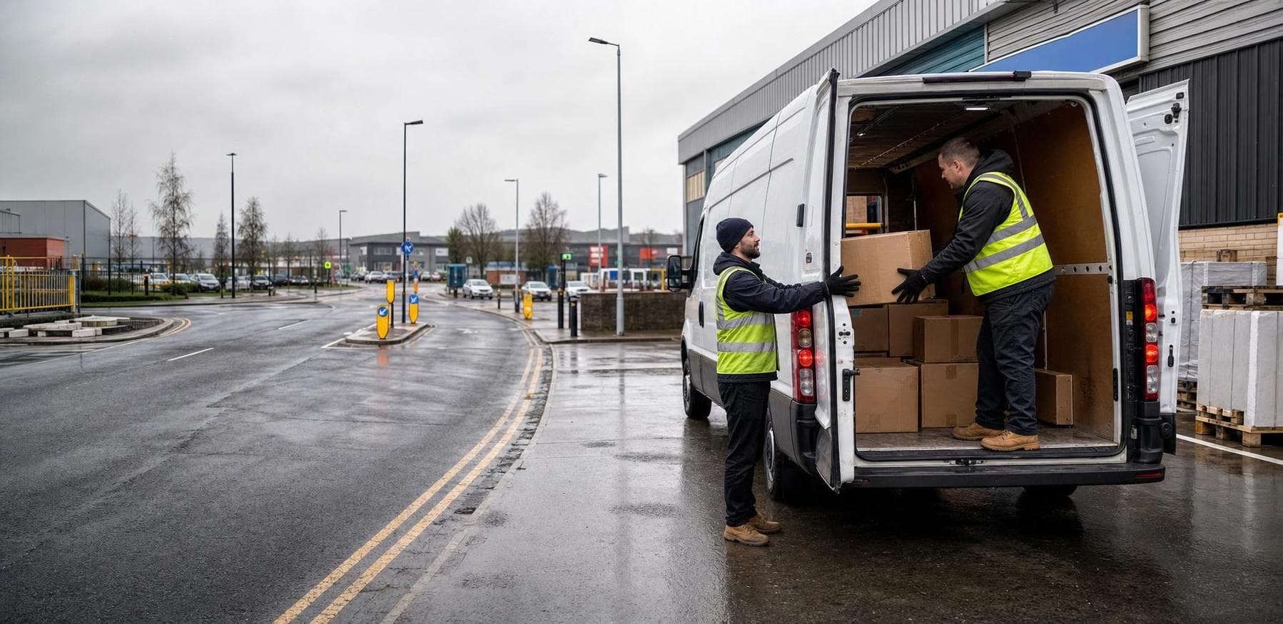 Courier handling a prepared consignment in Chafford Hundred, with modern housing, retail areas and nearby business parks forming the local backdrop