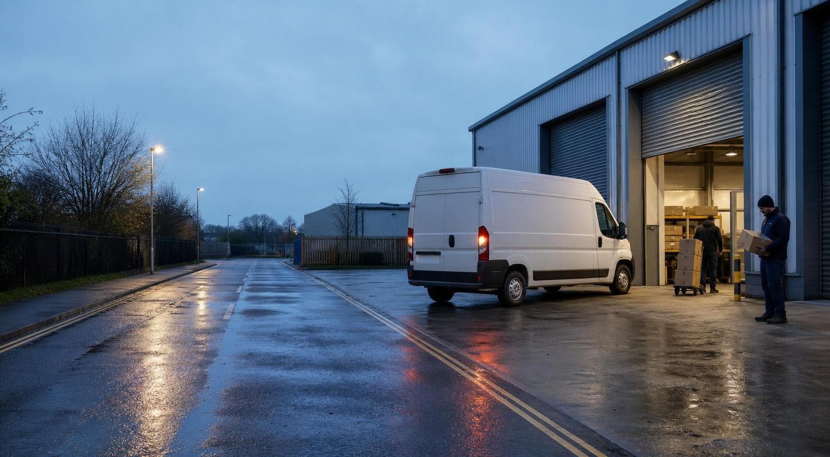 Courier staff loading plain parcels beside an unbranded van at a quiet warehouse bay on a wet Rainham evening