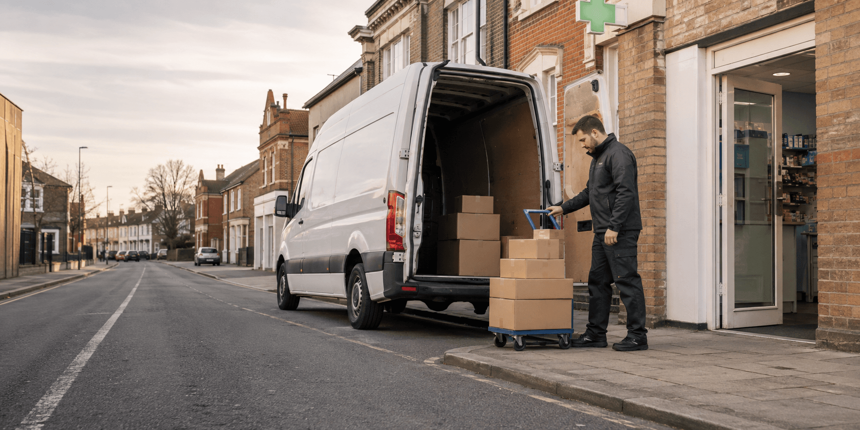Unbranded courier vehicle ready to leave Cranham with pharmacy items, office packets and household consignments secured for direct transport