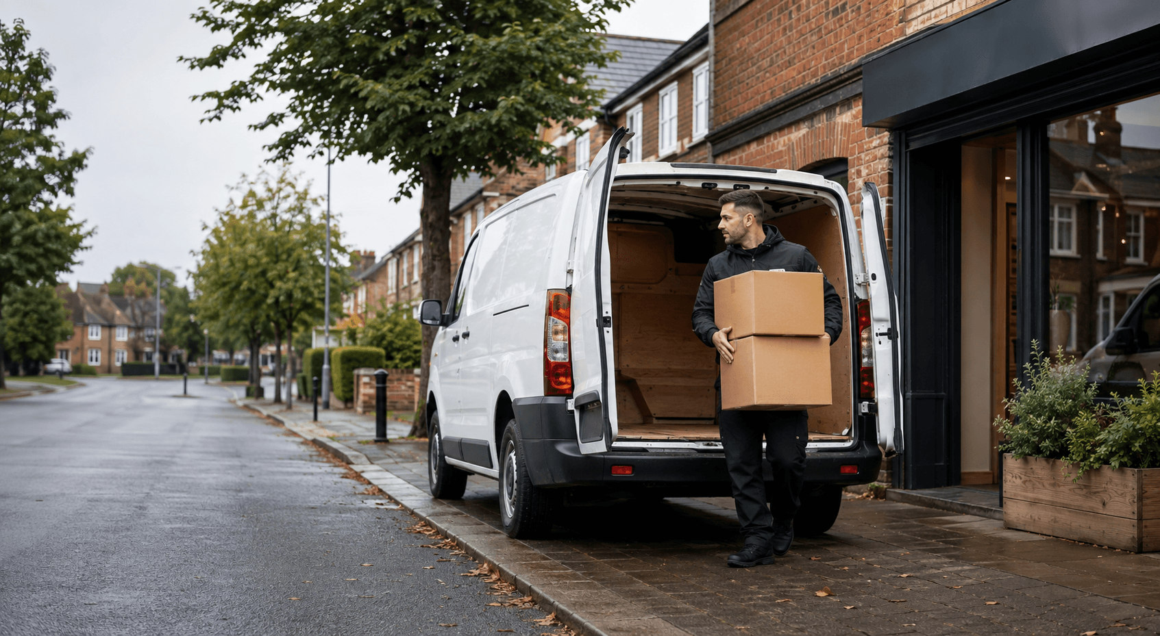 Courier handling a prepared consignment in Cranham, with quiet neighbourhood streets with schools and small businesses forming the local backdrop