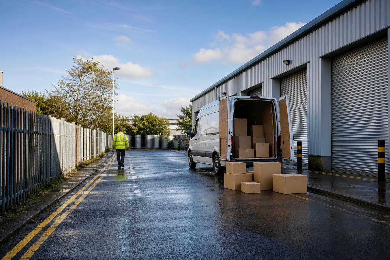 Unbranded courier van in a tidy Dagenham depot yard with parcels ready for dispatch on wet asphalt