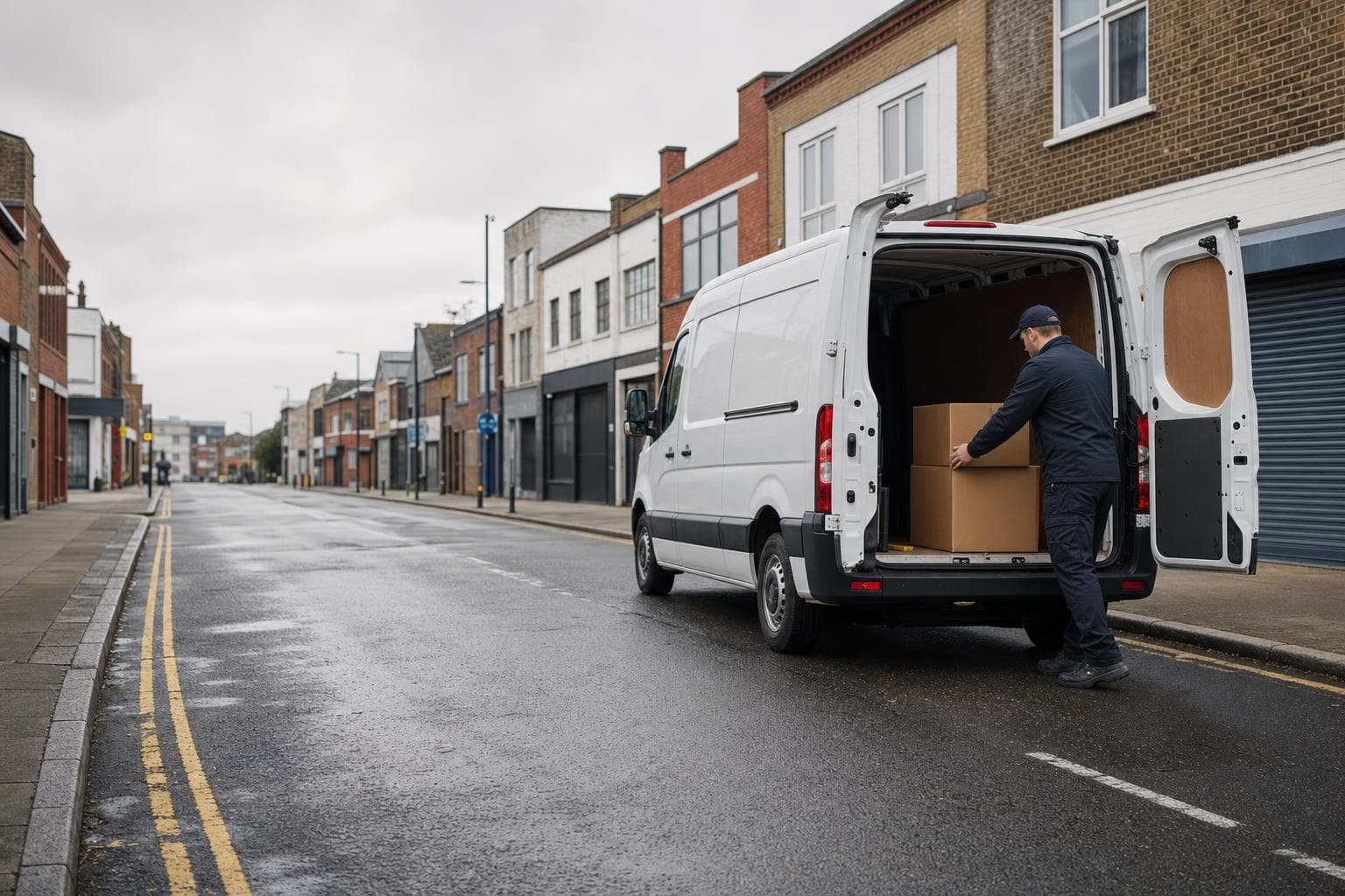 Unbranded courier vehicle ready to leave Dagenham Dock with plant components, palletised cartons and technical documents secured for direct transport