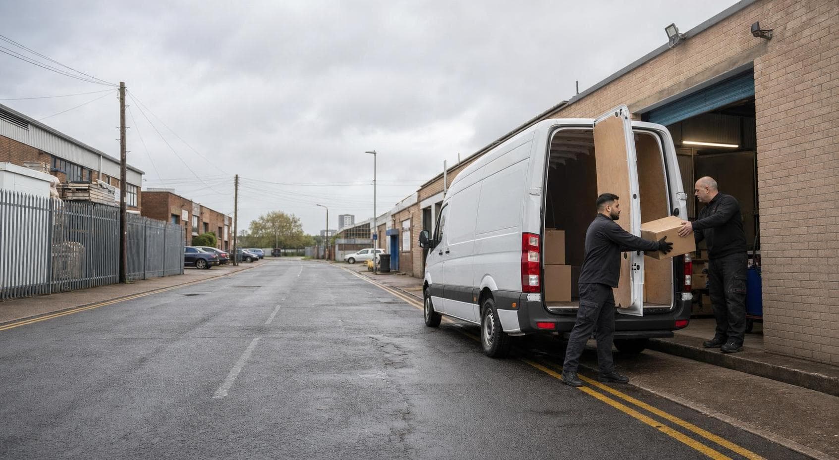 Courier collecting parcels outside a Dagenham trade estate with an unbranded van on a wet UK service road
