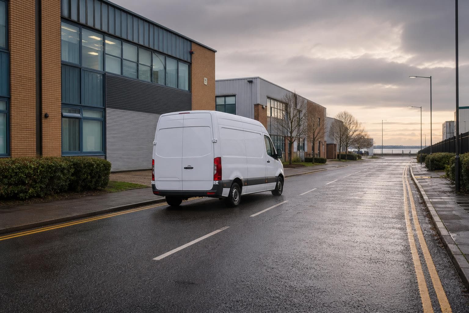Unbranded courier van on a quiet Grays business road with wet asphalt and low-rise commercial buildings