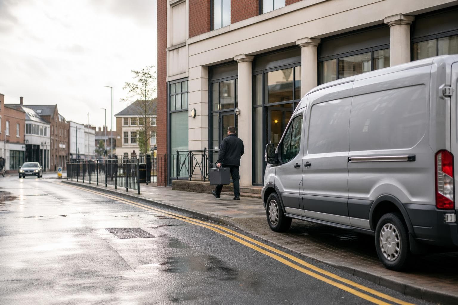 Courier carrying a parcel toward a business entrance in Grays town centre beside an unbranded van