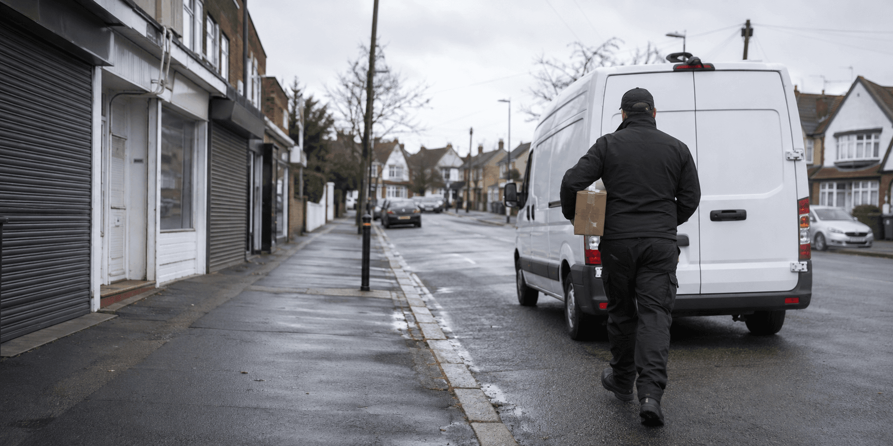 Unbranded courier vehicle ready to leave Harold Hill with repair components, community supplies and retail parcels secured for direct transport