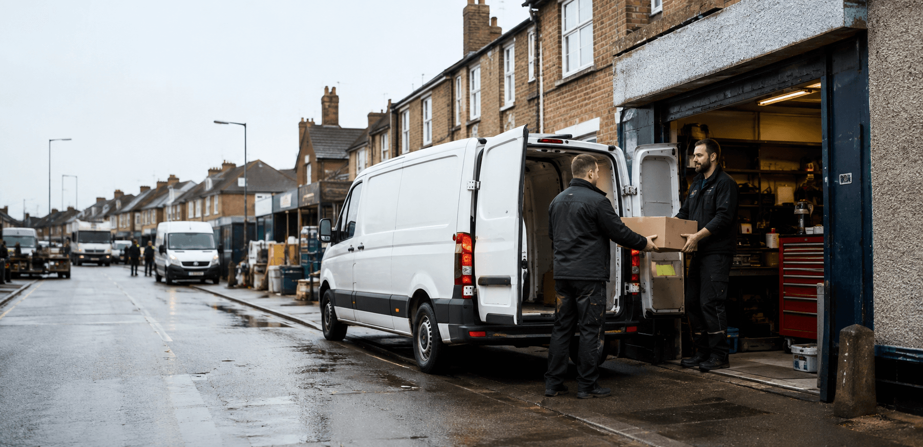Courier handling a prepared consignment in Harold Hill, with local trade parades, community buildings and broad residential estates forming the local backdrop