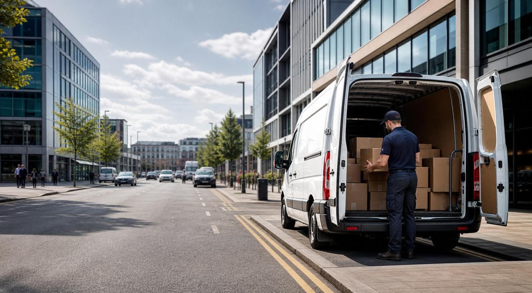 Courier handling a prepared consignment in Harold Wood, with outer-London homes, healthcare sites and local commercial units forming the local backdrop