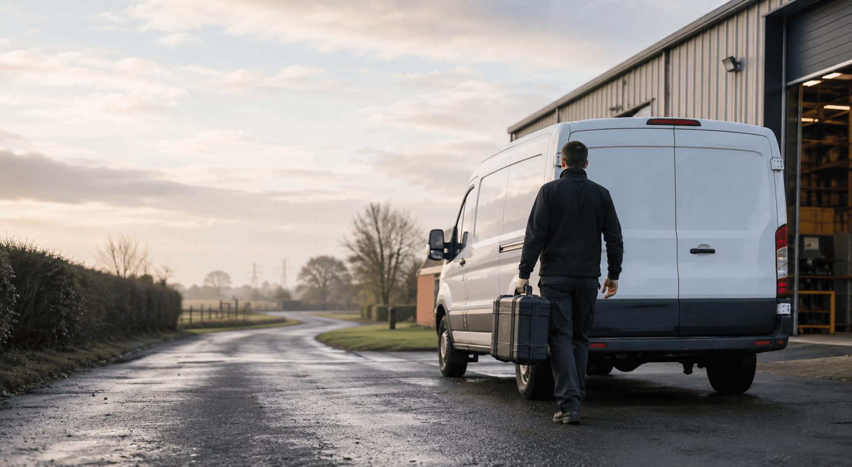 Courier handling a prepared consignment in Orsett, with rural-edge workshops, farms and village professional services forming the local backdrop