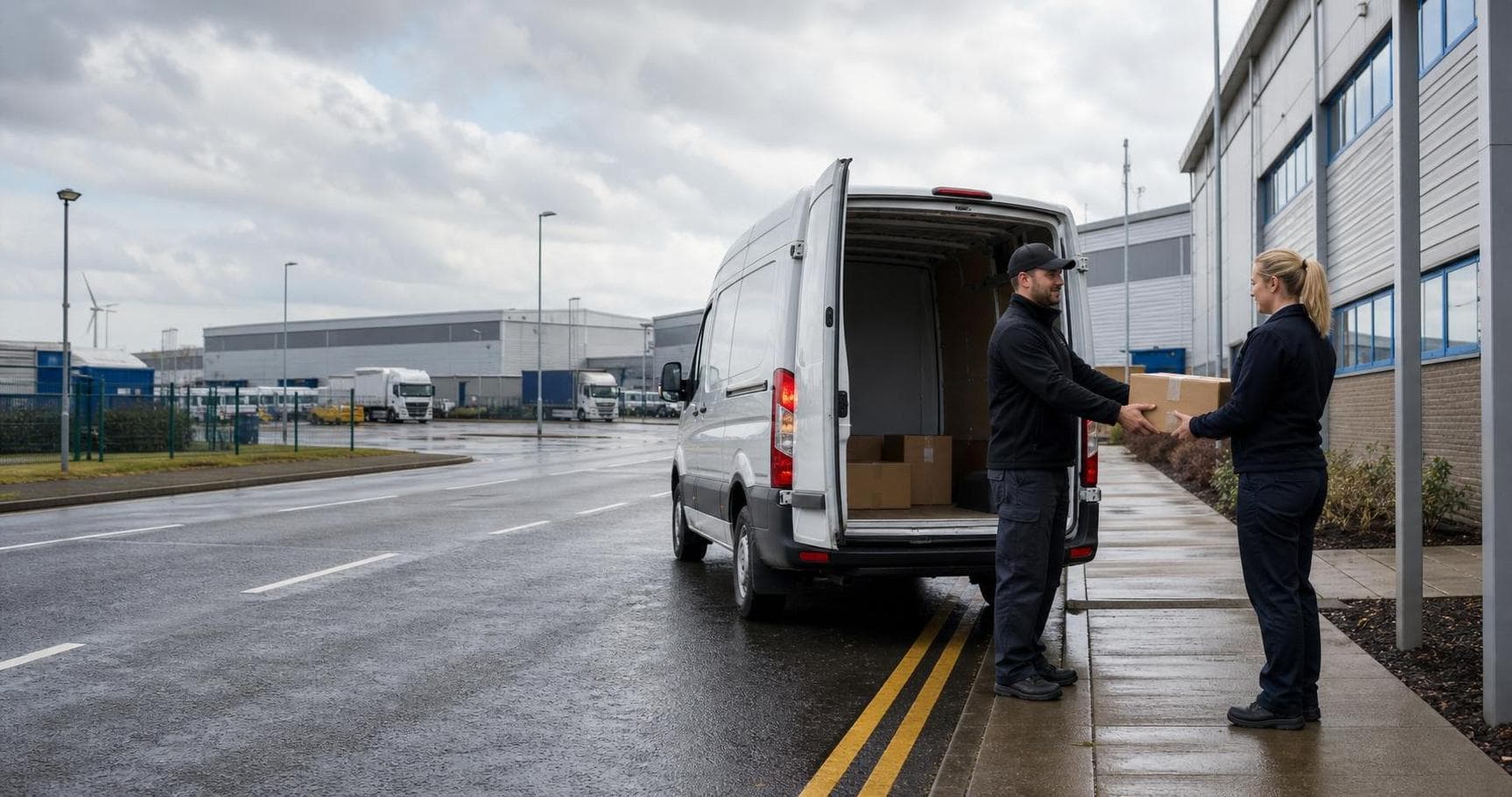 Courier handing a parcel to a warehouse worker outside a Purfleet logistics building beside an unbranded van