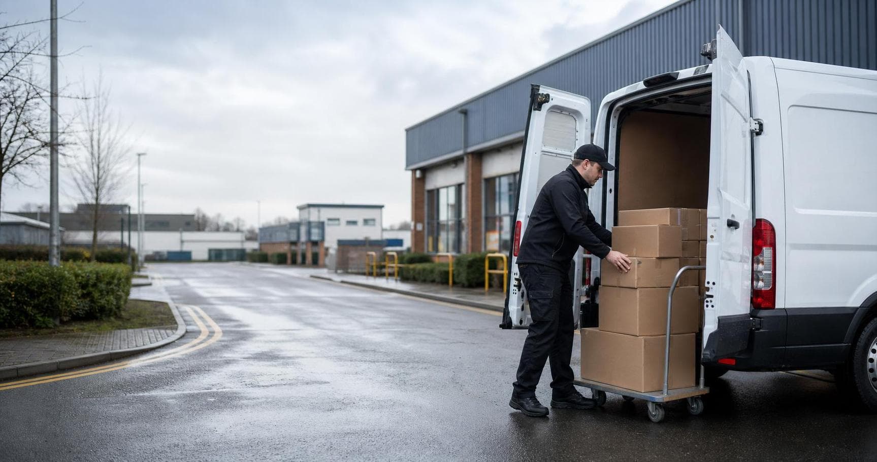 Unbranded courier van parked near a Rainham industrial road while a driver prepares parcels for collection on wet UK asphalt
