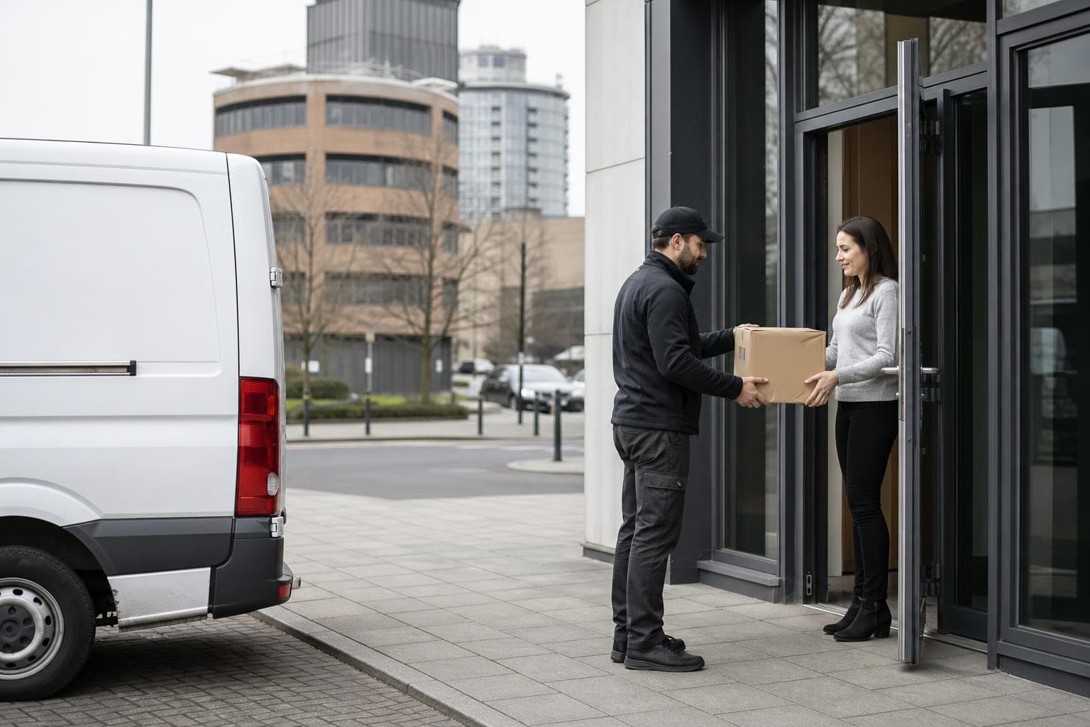Courier handling a prepared consignment in Romford, with major retail streets, office buildings and surrounding trade sites forming the local backdrop