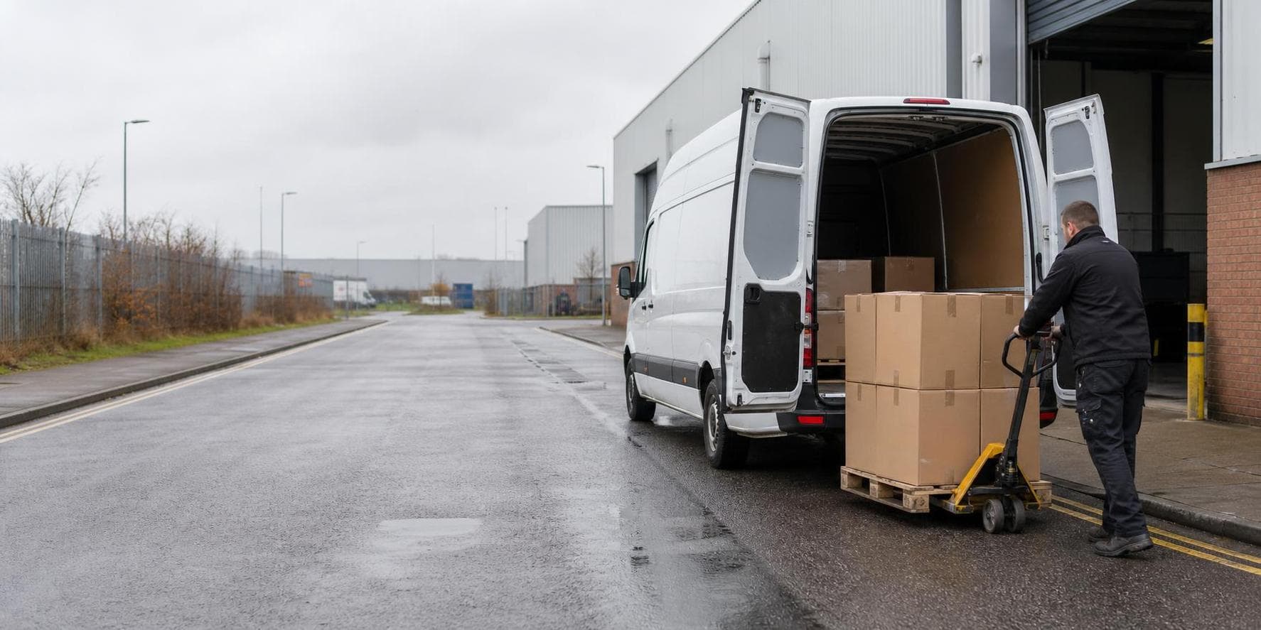 Courier moving boxed deliveries on a trolley beside an unbranded van at a South Ockendon distribution estate