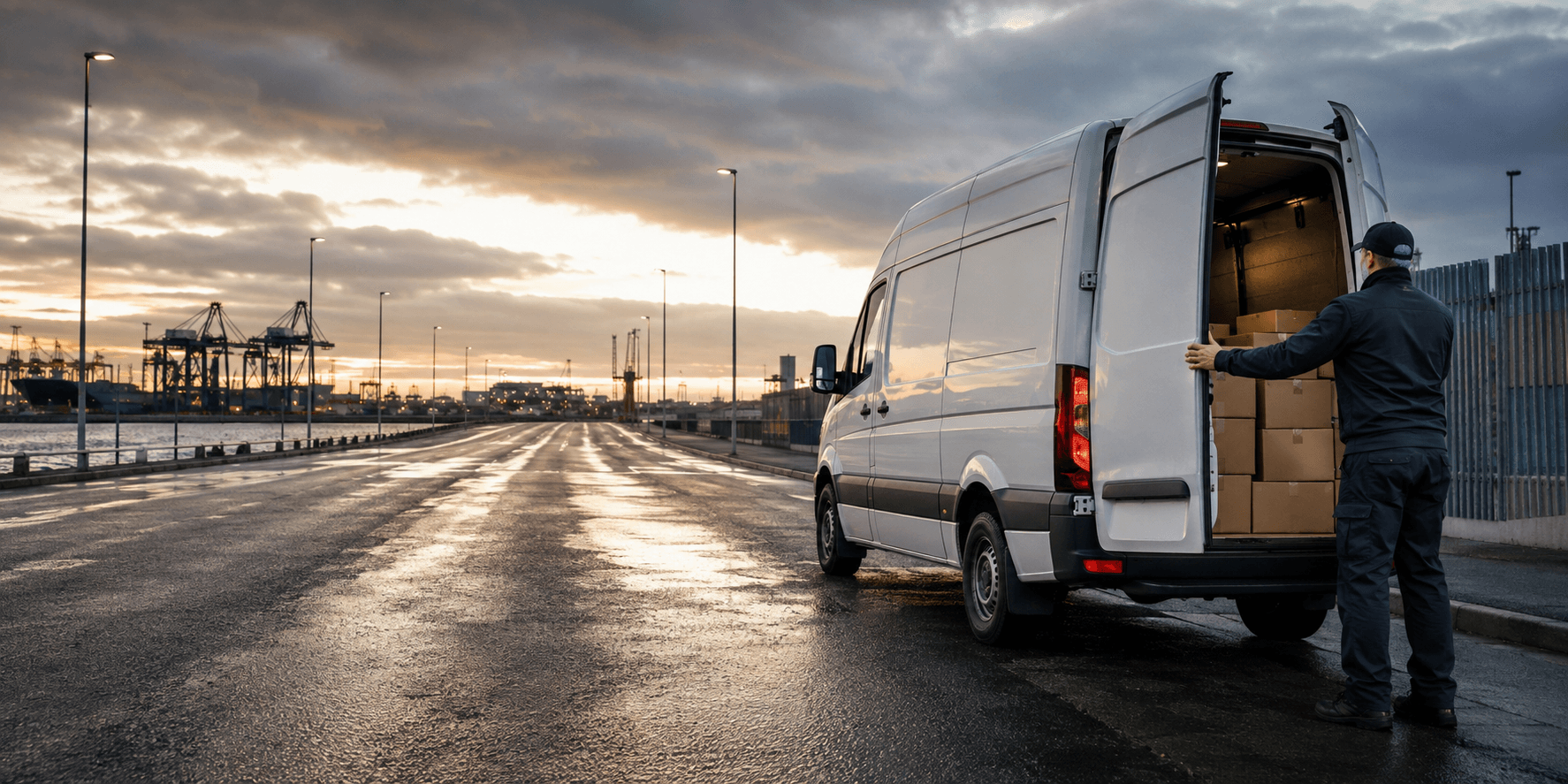 Unbranded courier vehicle ready to leave Tilbury with shipping documents, replacement parts and commercial cartons secured for direct transport