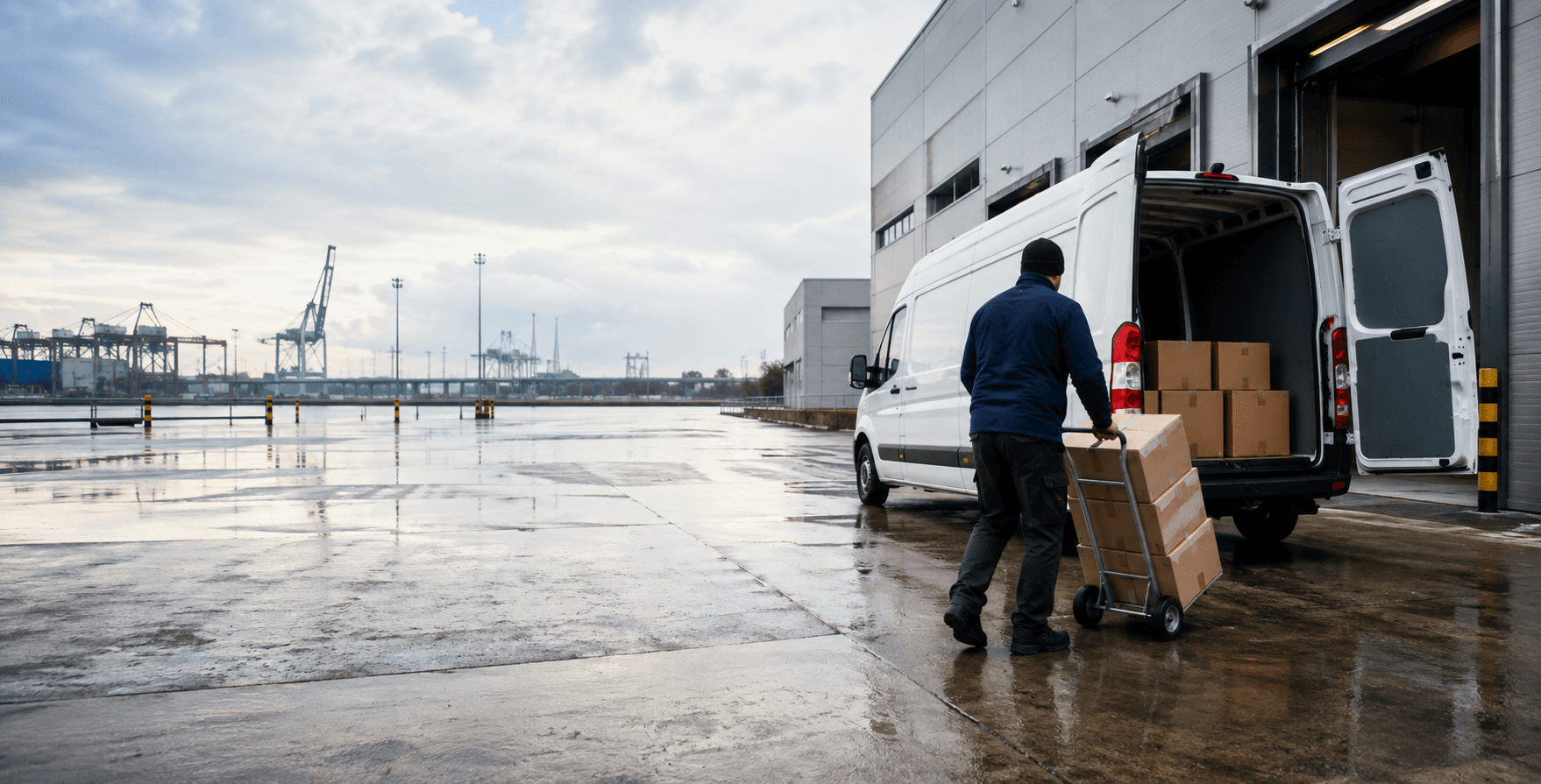 Courier handling a prepared consignment in Tilbury, with port-related industry, logistics compounds and town businesses forming the local backdrop
