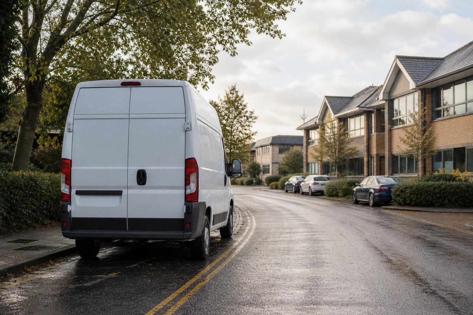 Unbranded courier van on a quiet Upminster side street near small businesses and wet UK road markings