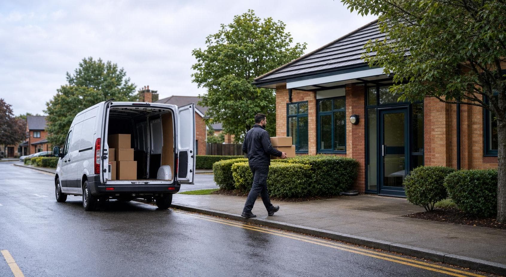Courier carrying plain parcels from an unbranded van to a suburban business entrance in Upminster