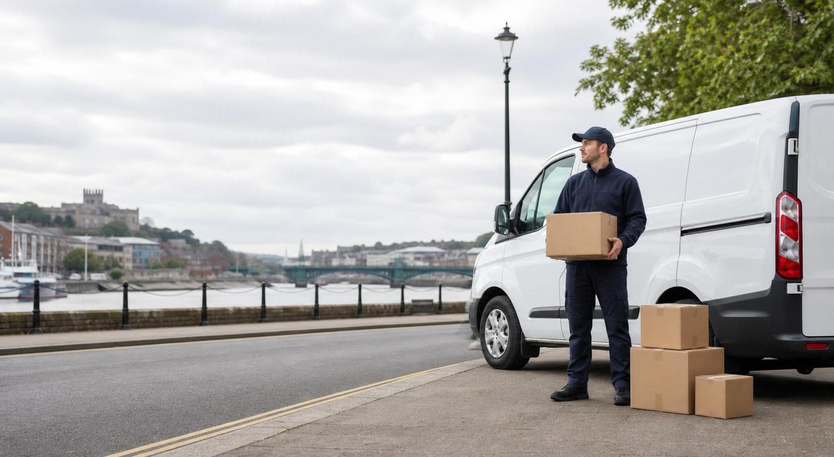 Courier handling a prepared consignment in Wennington, with village-edge properties beside logistics and industrial areas forming the local backdrop