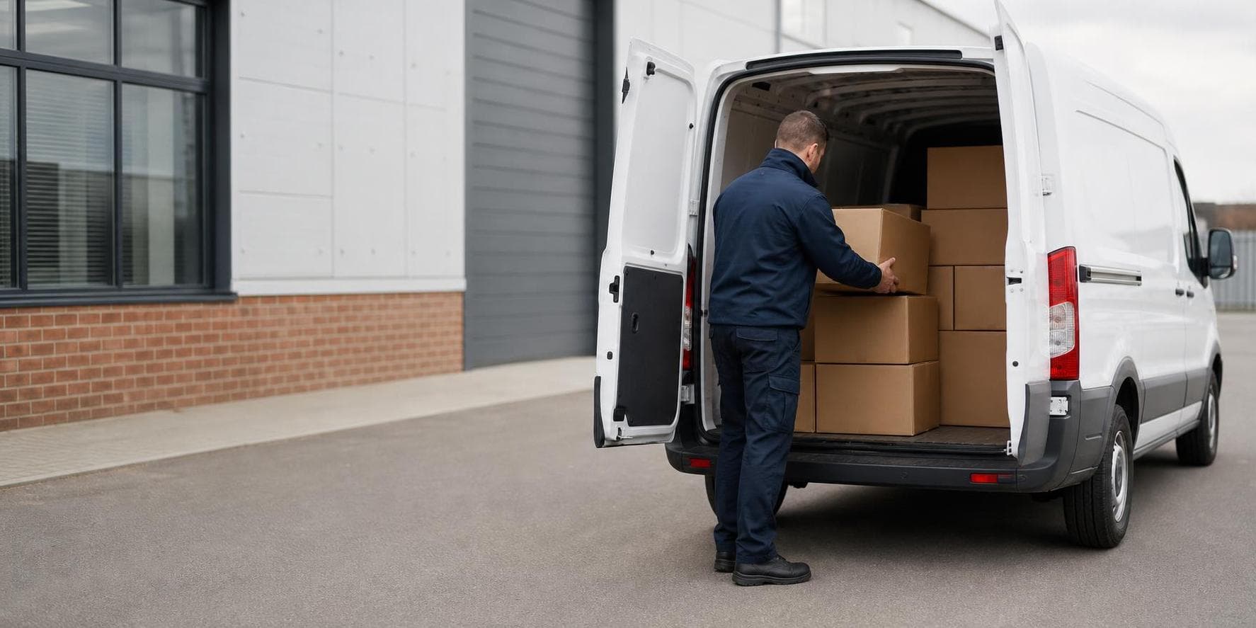 Courier handling a prepared consignment in West Thurrock, with retail parks, warehouses and large commercial compounds forming the local backdrop